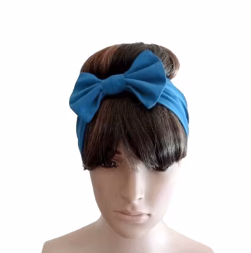 Dark Sky Blue Hairband. Bow Headband Stretch Head Wrap. Soft Cotton Spandex Hair Wrap.
