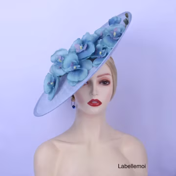 Large Pale Blue Sinamay Fascinator, Floral Derby Hat