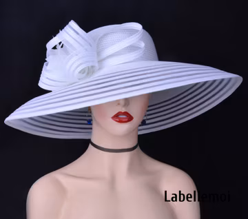 Extra Large White Derby Hat: Feather Flower, Mother of the Bride