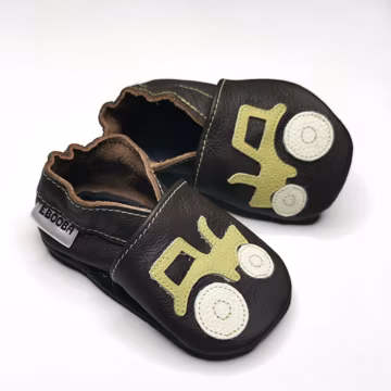 Baby Shoes with Tractor, Dark Brown Boy Shoes, Soft Sole Baby Shoes, Leather Infant Shoes 6-12 Months, Leather Child Slippers, Ebooba, 2