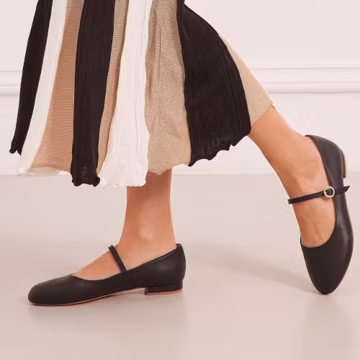 Mary Jane Leather Flat Shoes, Black Ballet Flats, Rounded Toe "Thalia", Made to Order