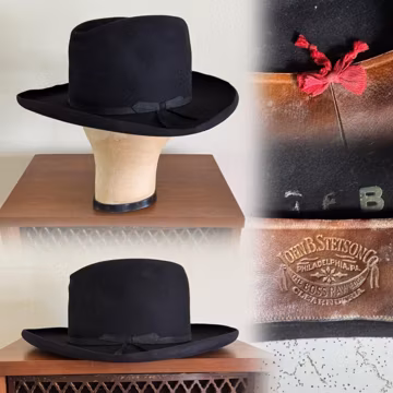 1920s Stetson Boss Raw Edge Clear Nutria Western Black Cowboy Hat, Kettle Curl , Size 7 3/8
