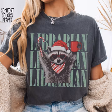Christmas School Librarian Shirt, Feral Raccoon Librarian Tee, Funny Librarian Gift, Library Shirt, Teacher Sweatshirt