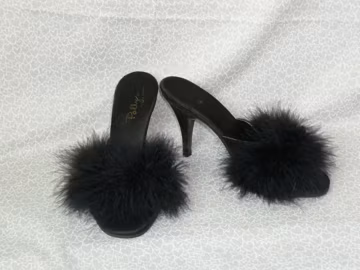 Vintage Slippers Polly of California Shoes Black Satin Feather Boudoir Slippers 1970s 1960s