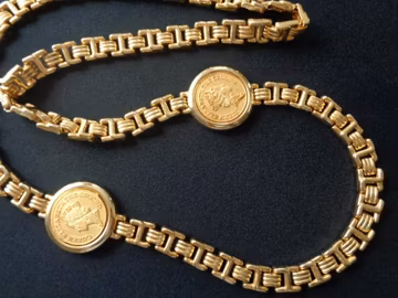 Vintage Queen of England Elizabeth the Second British English Faux Coin Style Jewelry Fancy Chain Panel Link Gold Tone Metal Necklace 36" L