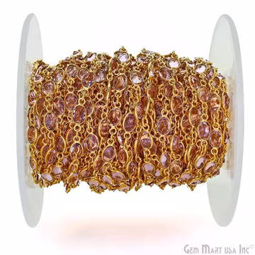 Pink Zircon Bezel Connector Chain, Gold Plated Gemstone Chain, Bracelet Chain, Oval Connectors, By Foot, Size 7x5mm GemMartUSA (GPPK-20070)