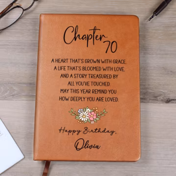 70th Birthday Gift for Her Personalized Journal, 70 Years Old Custom Name Vegan Leather Notebook, Turning Seventy Gift for Mom Dad Friend V3