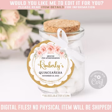 Editable Quinceanera Scalloped Tag, Thank You, Blush Gold Gift Favor Tag, Mis Quince 15th Birthday Corjl Template, Instant Download QU166