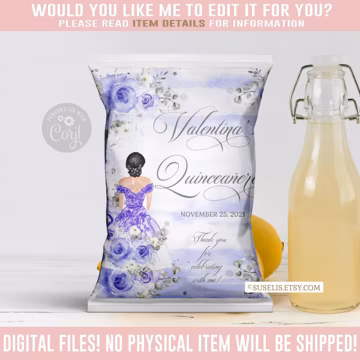 EDITABLE Quinceañera Chip Bag, Purple Silver Butterfly Bag, Mis Quince 15th Birthday, Party Favors, Corjl Template, Instant Download, QU084E