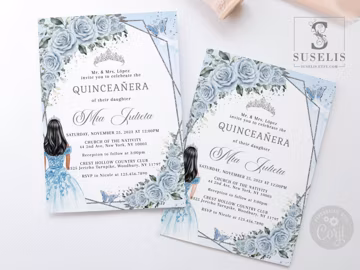 EDITABLE Quinceanera Invitation & Back Template, Baby Blue Flowers, Butterfly, Sweet 16, 15th Birthday, Printable, Instant Download, QU197