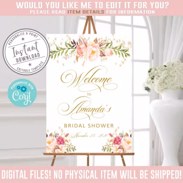 Editable Welcome to Bridal Shower sign, Corjl Template, Signage, Boho, Blush Pink, Flower Theme, Instant Download, Printable, DIGITAL FILES
