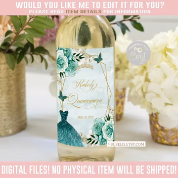 EDITABLE Quinceañera Wine Bottle Labels, Teal Floral, Butterfly, Mis Quince, Favor labels, Corjl Template, Instant Download, Digital, QU054H