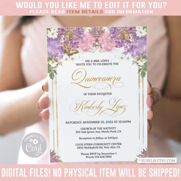 EDITABLE Quinceanera Invitation & Back Template, Purple Pink Flowers, Glam Glitter, Mis Quince, 15th Birthday, Printable, Instant Down QU124