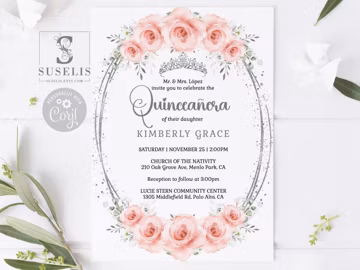 EDITABLE Quinceanera Invitation Template, Blush Pink Flowers, Silver Glitter, 15th Birthday, Sweet 16, Printable, Instant Download, QU166
