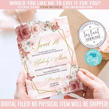 EDITABLE Sweet 16 Invitation, Blush Red Flowers, Butterfly, Sweet Sixteen, 16th Birthday, Corjl Template, Instant Download, SW16020