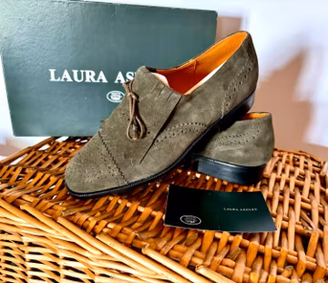 Laura Ashley Olive Suede Leather Brogue Shoes, EU 36/ UK 3