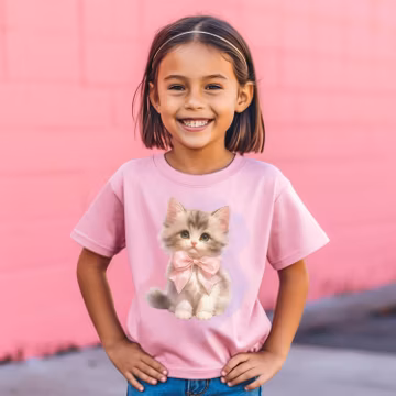 Kitten Shirt for Girl, Cute Cat Tshirt, Youth Cat T-shirt, Kids Cat Lover Tee, Birthday Girl Cat Gift, Kitten with Pink Bow, Youth Cat Shirt