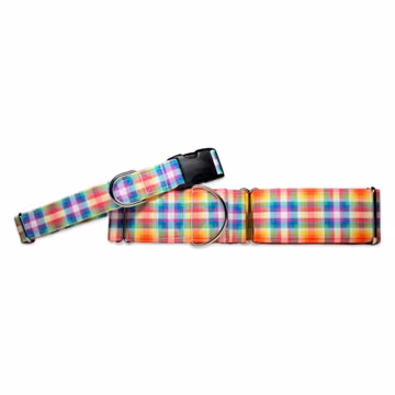 Bright Summer Plaid CANVAS Dog Collar (Martingale, Buckle, or Tag)