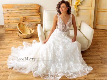 Sparkling Lace Wedding Dress, V Neck A-Line, Feather Pattern