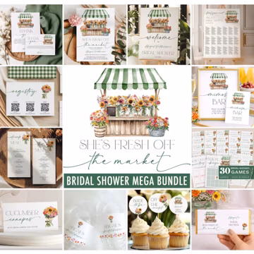 Fresh Off the Market Bridal Shower Invitation + Games Bundle - Rustic Green Bridal Shower - Editable Digital Download 5017G-BDS