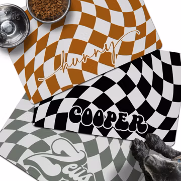 Custom Wavy Checkered Pet Mat: Retro Personalized Dog Bowl Rug