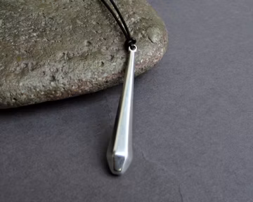 Teardrop Geometric Mens Necklace: Silver Pendant, Adjustable Leather Cord