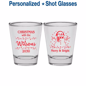 Christmas Shot Glasses, Christmas Favors, Custom Christmas, Holiday Shot Glass, Holiday Favors, Merry and Bright, Snowman | 280002