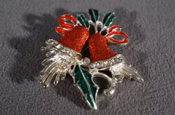 Vintage Traditional Style Silver Tone Christmas Enameled Pin Brooch Holly Bell Design Jewelry K#38