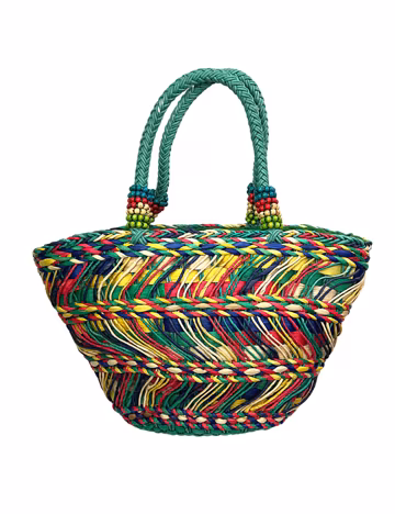 90’s Rainbow Straw Beaded Beach Tote Bag