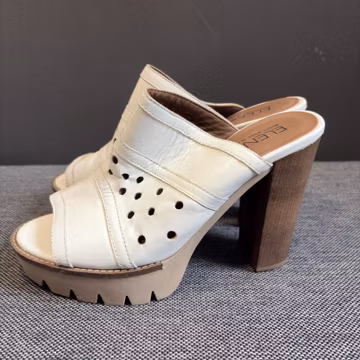 Vintage Italian Leather Platform Mules White Perforated Heels Wood Sole Made in Italy EU 38 US 7.5