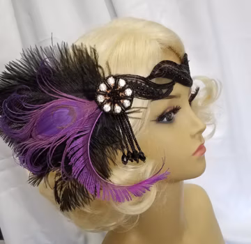 PURPLE and BLACK PEACOCK Feather Flapper Headpiece, Downton Abbey, Feather Headband, Roaring 20's, Gatsby - Style - "Ashley Purple"