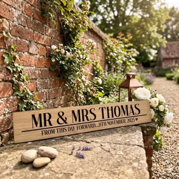 Personalised Wooden Mr Mrs Wedding Sign, Custom Couples Keepsake with Name and Date, Oak Gift, Home Decoration
