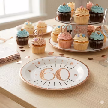 Rose Gold 60th Birthday Paper Plates, 60th Party Tableware, Disposable Birthday Plates, Milestone Birthday Decorations (Pack of 10, 22.5 cm)
