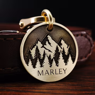 Custom Mountain Dog Tag, Brass Pet ID Tag, Cat Tag, Engraved Forest Dog Tag, Personalized Dog Collar Tag