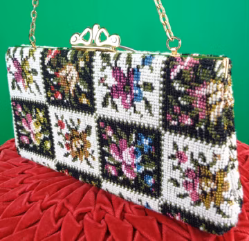 Vintage Tapestry Clutch: 1950s-60s Floral Checkerboard Handbag Mid Century Carpet Evening Purse Gift