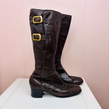 Vintage 60s Brown Leather Buckle Boots, Mod Go-Go Calf High