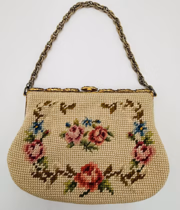 Vintage Needlepoint Handbag Rose Floral Purse Ornate Chain Evening Bag