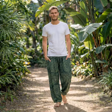 Green Harem Pants Best Festival Mens Clothing -Boho Yoga Botanical Pants Men With Pockets-Flowy Hippie Pants Summer Trousers With Drawstring