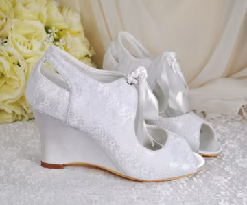 White Lace Wedding Wedge Shoes: Ivory Bridal Peep Toe Heels