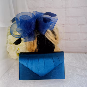 Navy Blue Fascinator and Clutch Bag Set: Handmade Satin Wedding Outfit