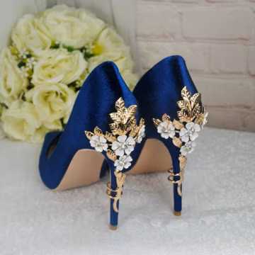 Blue Velvet Wedding Heels: Soft Plush Handmade Bridal Shoes with Floral Embellishment, Large Sizes