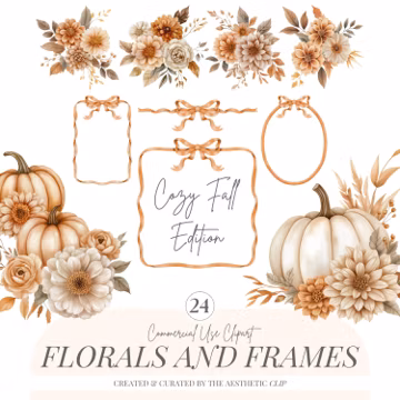 Fall Floral Clipart | Fall Pumpkins PNG | Autumn Bouquets | Bow Frame | Orange Ribbon Frames | Thanksgiving | Fall Wedding Graphics | 24 PNG