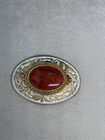 Belt Buckle Red Jasper Oval Cabochon Stone Gold White Color Geometric