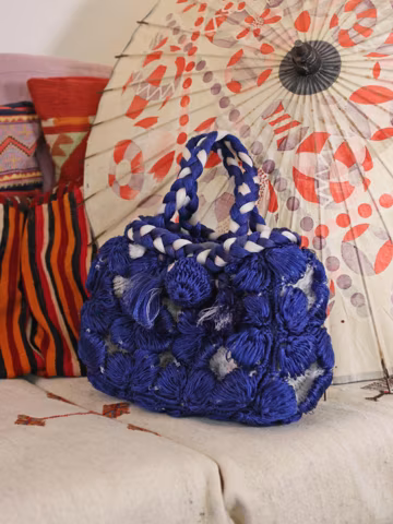 Vintage Handmade Macramé Braided Rope Handbag Indigo Blue White Bohemian Tassels Trim Nautical Netting Novelty Purse