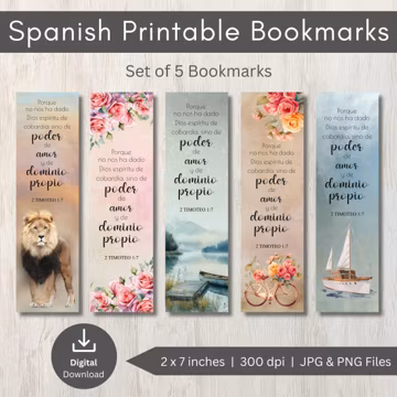 Set of 5 Spanish Bible Verse Printable Bookmarks, 2 Timothy 1:7, Christian Scripture PNGs, Spanish Bookmarks, Bible Verse Bookmarks