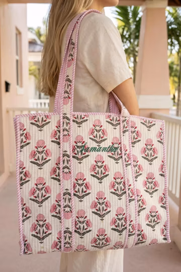 Embroidered Cotton Quilted Bag, Block Print Tote for Women, Boho Travel Bag, Handmade Shoulder Purse, Floral Mothers Day Gift, Bridesmaid