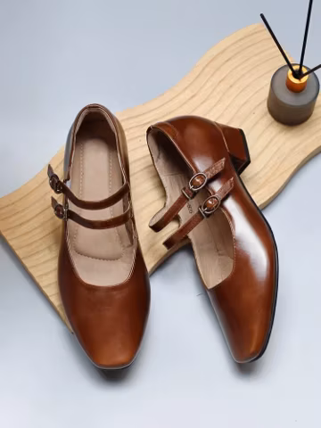 Retro Brown Leather Low Heel Mary Jane,Criss Straps Buckle Shoe, 3cm Block Shoes,Personalized Gifts