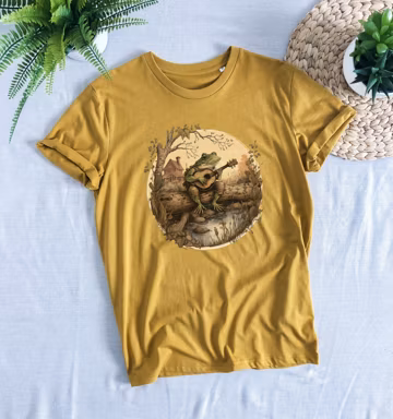 Cottagecore Aesthetic Frog playing instrument on a log shirt, Organic, unisex, frog T-shirt, Cottage core clothing, frog and toad,fairy core