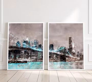 New York Print Set of 2, Brooklyn Bridge NYC Skyline Wall Art
