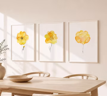Yellow Flower Print Set of 3, Watercolor Floral Wall Art, Minimalist Decor - S7